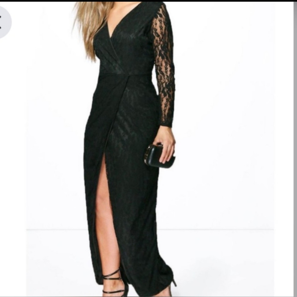 BOOHOI Plus Black Lace Maxi Dress High Slit Deep V Neck 22 Long Sleeve Sex…